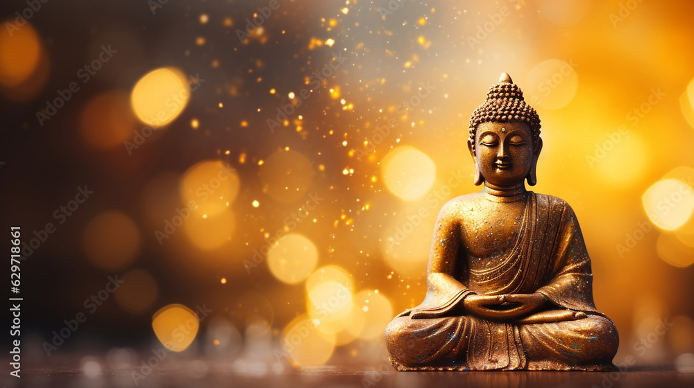 Golden Serenity, Illuminated Buddha Statue on Stardust Background