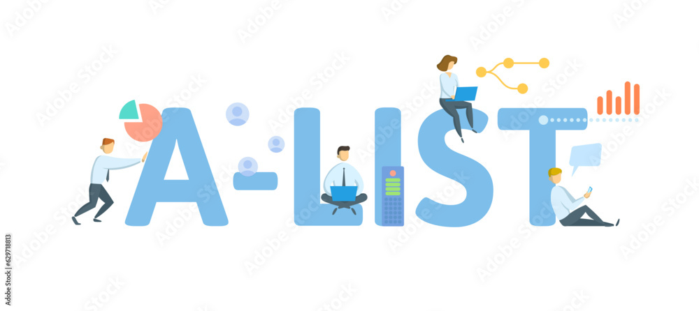 A-list. Concept with keyword, people and icons. Flat vector illustration. Isolated on white.