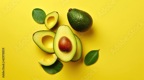 Minimal composition with leaf and halved nutrient dense avocado fruit slices full of heart healthy monounsaturated fat on bright yellow background with copy space for text. Generative AI photo