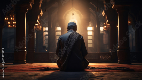 Divine Devotion, Muslim Man Finding Solace in Prayer Within a Mosque