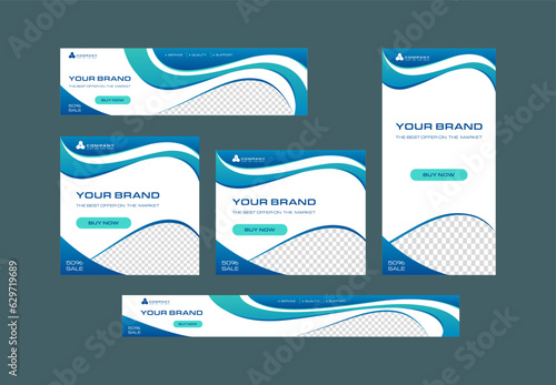Set of 5 vector web banner templates in modern style with abstract waves in blue and turquoise colors. For advertising, covers, presentations, business cards and more. Just add your image and text.