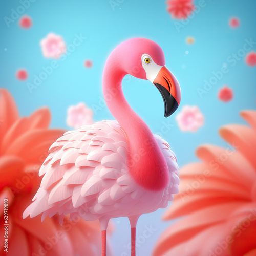 Pink cartoon style flamingo between huge fantastic flowers on blue background. Summer postcard or print for kids T-shirts. Travel concept Illustration.