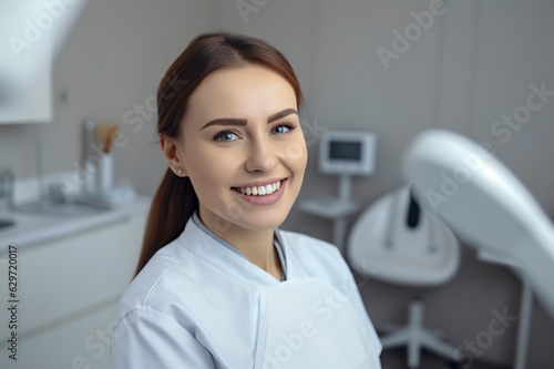 Beautiful brunette dentist smiling in her white coat at the dental clinic  ai generative