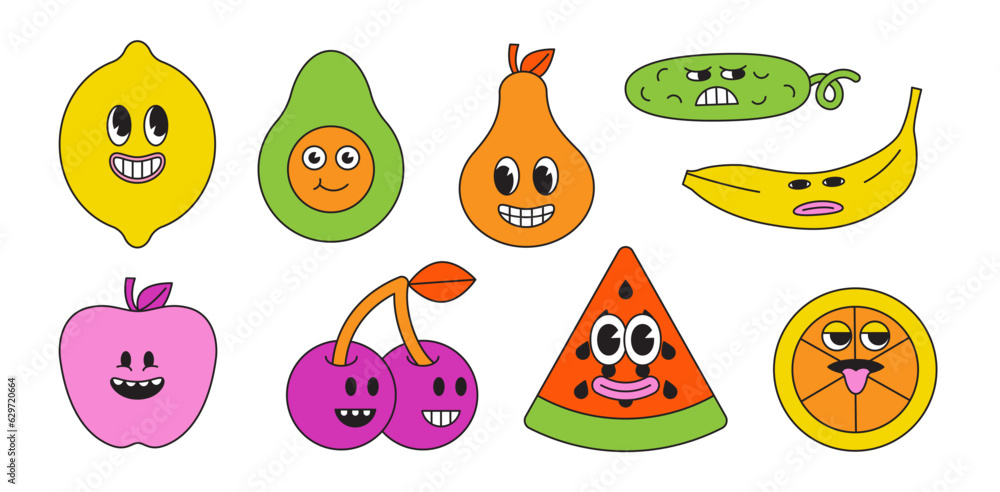 Vector illustration in simple linear style - design templates and stickers - hippie, happy and groovy smiley characters Vector illustration in simple linear style - design templates and stickers - hippie, happy and groovy smiley characters