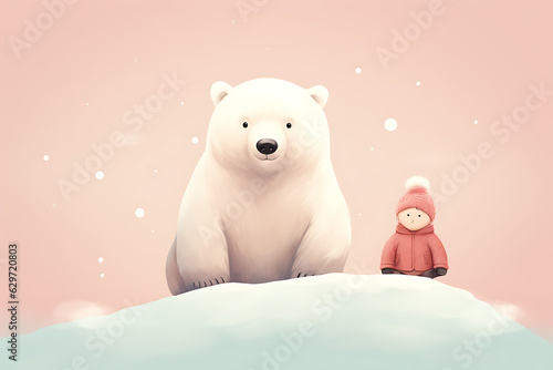 Adorable Polar bear and child, in a Minimalistic and Cute Style, outdoor, nature, adorable animal, background, snow, cold, winter, kids design, childeren, child, playful, art. 