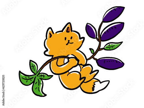 芋のつるを引っ張って収穫するきつねの手描き風イラスト