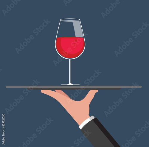 : Vector illustration of a waiter's hand holding a tray with a glass of red wine.