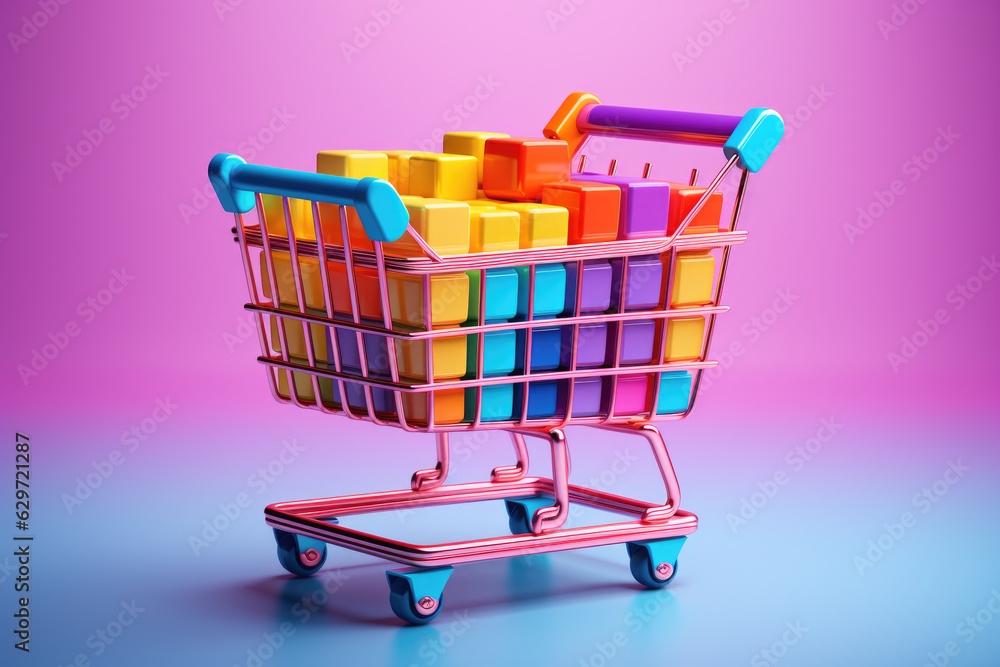 shopping cart in neon colors on a flat background. consumer culture, choice, and variety of goods. cheerfulness and vibrancy