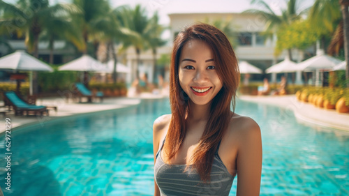 woman  thai or asian  bikini  red-brown hair color  long hair  slim is thin figure  at the pool  beach loungers around  medium-sized swimming pool  hotel complex  fictional place
