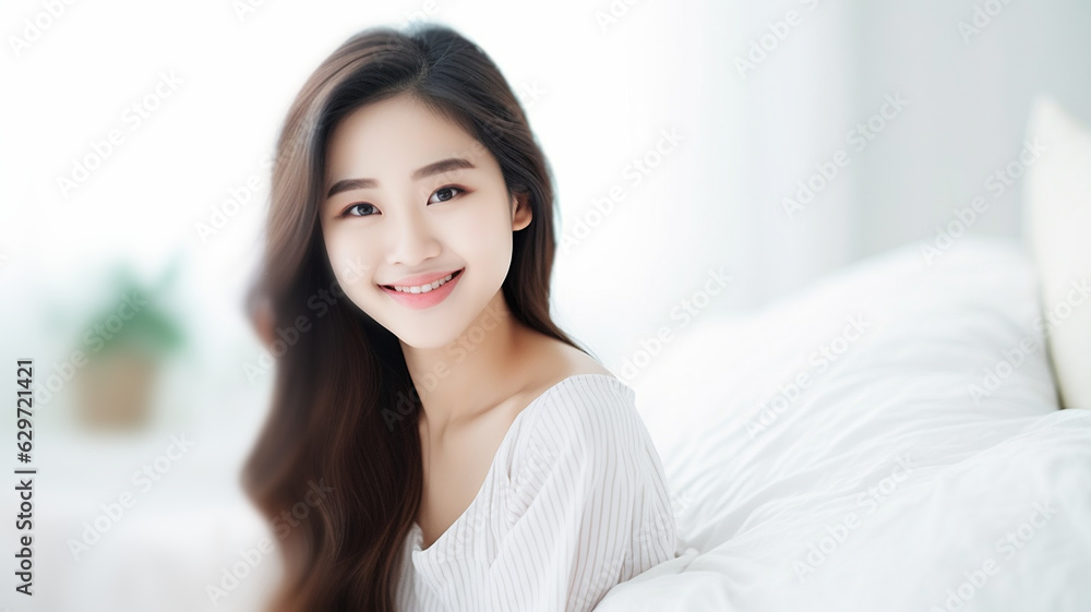 young adult woman with brunette hair dyed light brown, sitting on bed, wearing white nightgown, expectant hopeful or confident expression on face, very white light skin tone, window with daylight young adult woman with brunette hair dyed light brown, sitting on bed, wearing white nightgown, expectant hopeful or confident expression on face, very white light skin tone, window with daylight