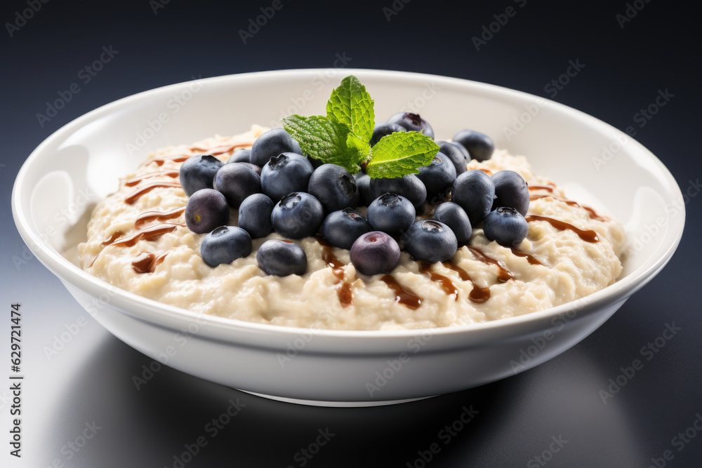 bowl of oatmeal with fresh blueberries and walnuts on a black background. healthy lifestyle and importance of good nutrition. bowl of oatmeal with fresh blueberries and walnuts on a black background. healthy lifestyle and importance of good nutrition.