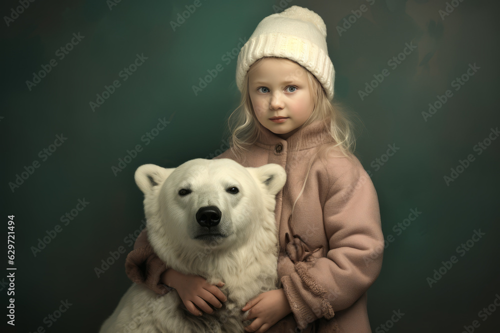 Portrait of a little girl with her polar bear pet. Kids room decoration, fairytale, friendship concept. AI generative, illustration Portrait of a little girl with her polar bear pet. Kids room decoration, fairytale, friendship concept. AI generative, illustration
