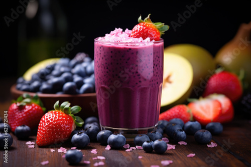A refreshing and nutritious serving of pink smoothie  beautifully decorated with crushed berries on top. The drink is made of healthy ingredients and is tasty snack or breakfast.