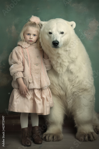 Portrait of a little girl with her polar bear pet. Kids room decoration, fairytale, friendship concept. AI generative, illustration