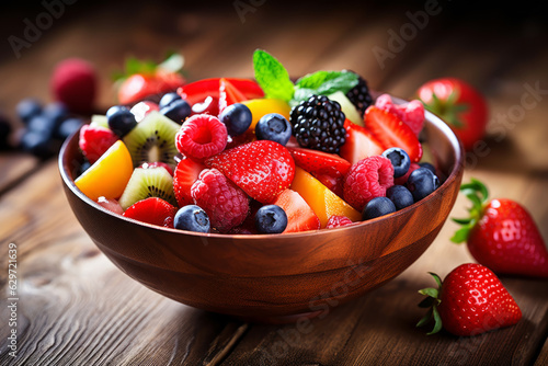 fresh mixed berries and fruit salad in bowl on top of wooden table