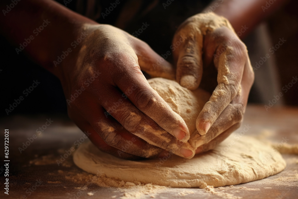 woman working in an apron kitchen preparing pizza by hand. Her hands are mixing fresh dough on a board and rolling it out to create the perfect shape for the base.