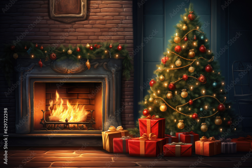 Glowing fireplace, decorated Christmas tree, and an array of gifts waiting to be opened. Perfect for conveying the warm coziness of the holiday times. Glowing fireplace, decorated Christmas tree, and an array of gifts waiting to be opened. Perfect for conveying the warm coziness of the holiday times.
