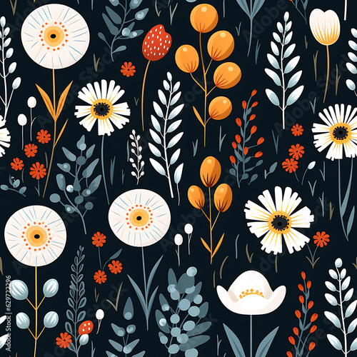 Tiny wildflowers in watercolor style on a navy blue background. Seamless pattern. Endless tile. 