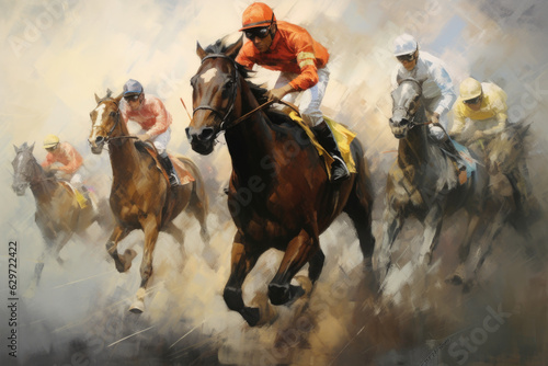 painting that shows horses and jockeys racing. dynamic scene in which compete in a race.