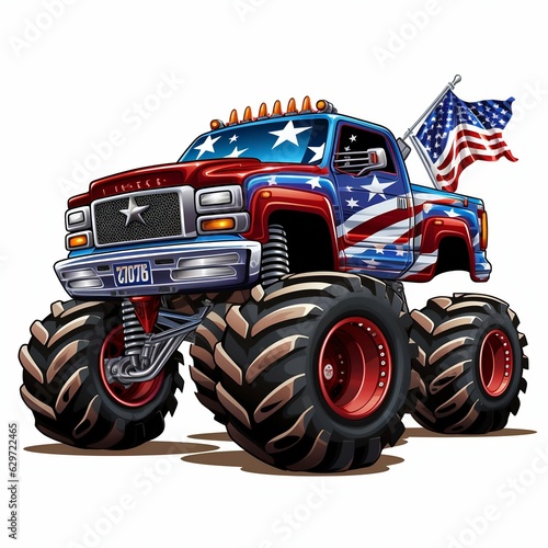 Monster Truck Painted with USA Flag Isolated on White Background. Generative ai