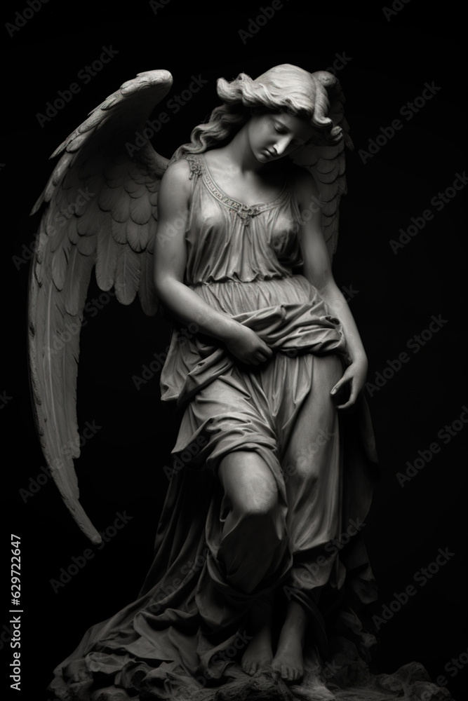Digital charcoal drawing of a graveyard angel. Medieval angel statue. Generative AI.