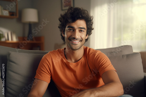 Cheerful mid adult man, handsome and Latin, relaxes on home sofa, smiling warmly. Indian guy joyfully gazes at the camera.