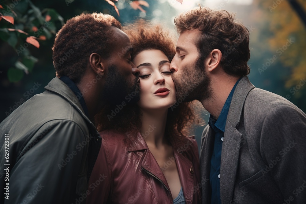 The concept of a threesome. One woman and two men in love. Two men