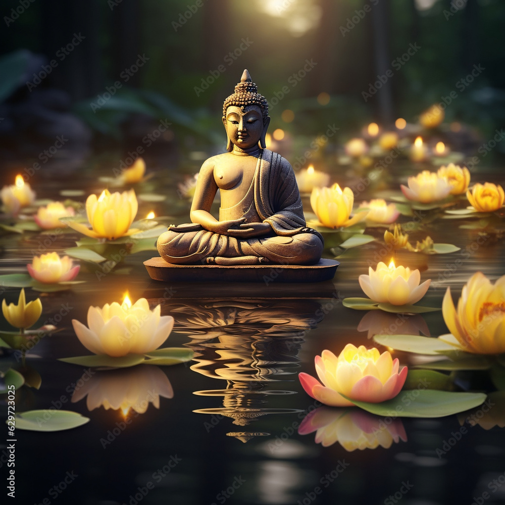 Celebrating Buddha Purnima Vesak, Buddha Statue with Lotus Flower and River Candlelight