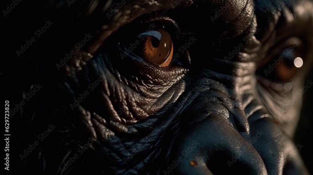 Macro eyes of a chimpanzee. Close-up monkey face. Generative AI Macro eyes of a chimpanzee. Close-up monkey face. Generative AI