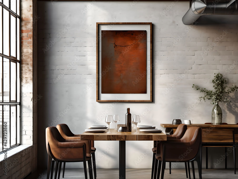 Naklejka premium A restaurant interior with brown table standing near rectangular and round wooden tables. Mockup poster in the cafeteria