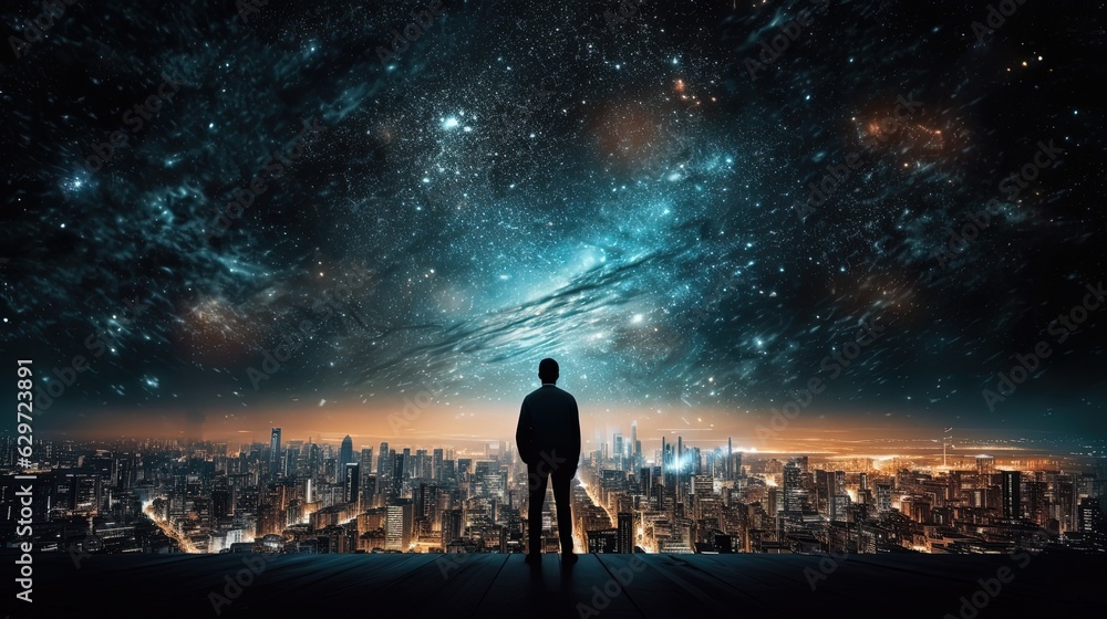 Man standing with his back in front of futuristic city. Space sky. Generative AI
