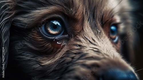 Macro to eye of dog. Close-up puppy face. Generative AI
