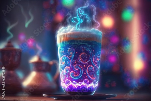 Magical fantasy cup of coffee. Neon coffee. Generative AI