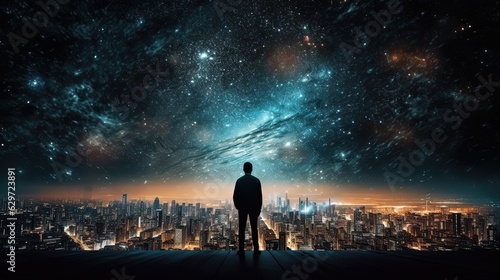 Man standing with his back in front of futuristic city. Space sky. Generative AI