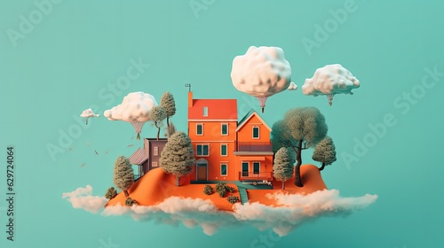 Floating island with house. Landscape. Turquoise background. Generative AI