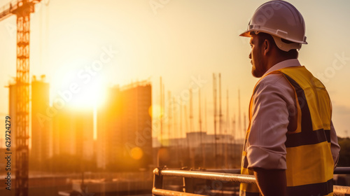 builder or foreman in hardhat and life jacket at construction site with crane and sun flare. Generative AI