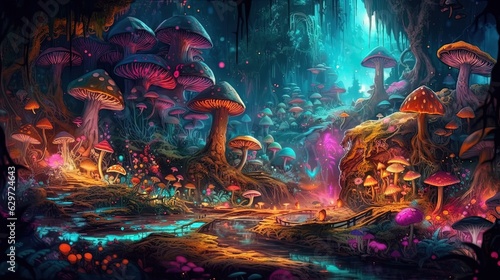 Magical forest full of mystical mushrooms. Generative AI