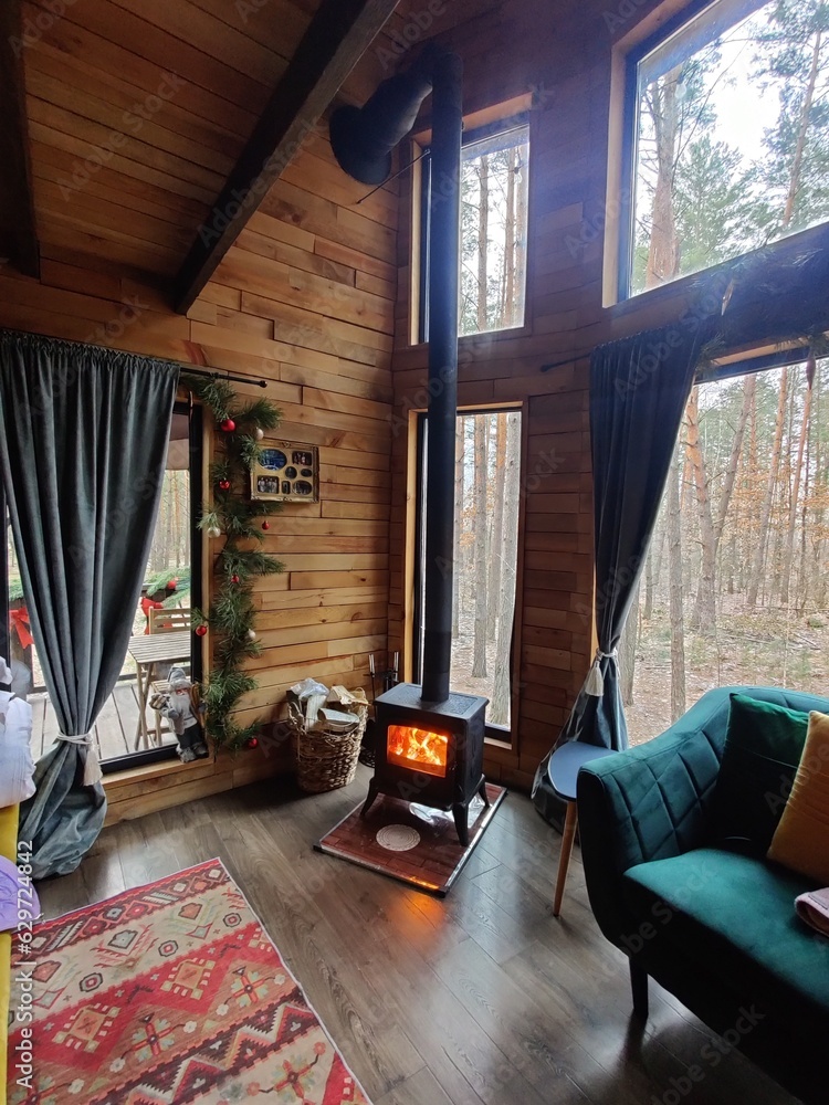 Burning fireplace. Fireplace as a piece of furniture Burning fireplace. Fireplace as a piece of furniture
