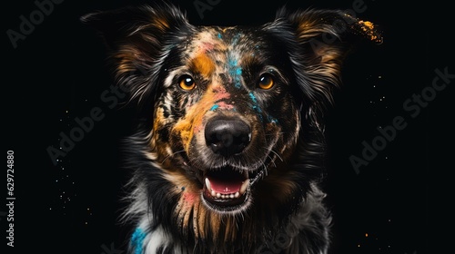 Dog with vibrant paint on fur. Black background. Generative AI