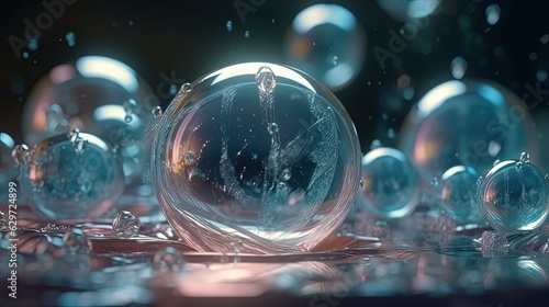 Futuristic blue glass spheres. Bubbles. Generative AI