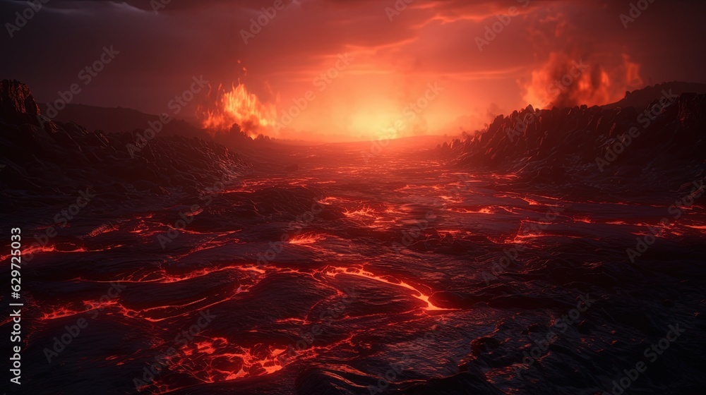 Lava world. Landscape with lava. Hell. Generative AI