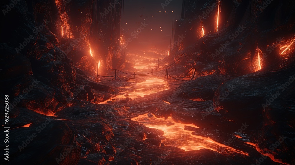 Naklejka premium Lava world. Landscape with lava. Hell. Generative AI