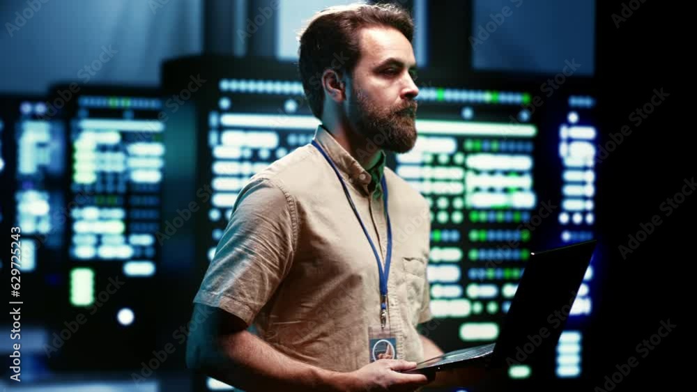 Engineer maintenancing server hub to optimize it for data processing requirements of artificial intelligence workloads. Specialist inspecting neural network data center used for machine learning Engineer maintenancing server hub to optimize it for data processing requirements of artificial intelligence workloads. Specialist inspecting neural network data center used for machine learning