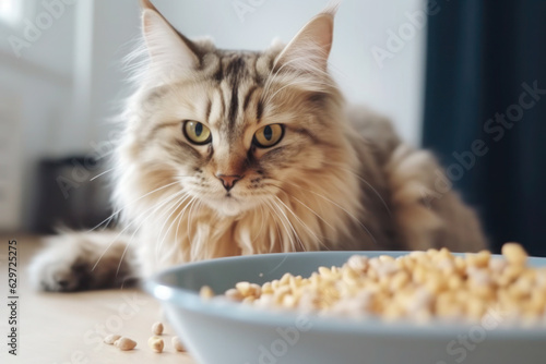 Cat near a bowl of food, nutrition concept, generative AI