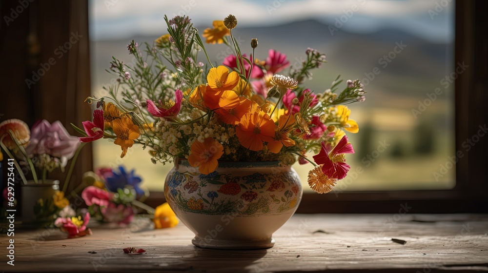 Still life of a vibrant bouquet of flowers. Wildflowers in vase. Generative AI Still life of a vibrant bouquet of flowers. Wildflowers in vase. Generative AI