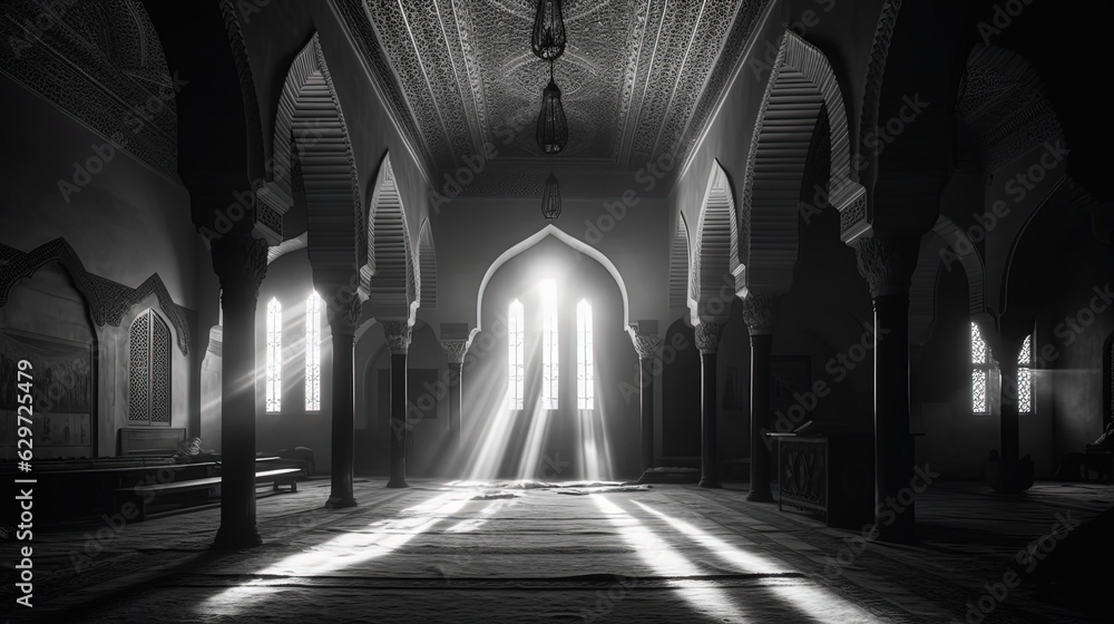 Black and white sunlit Cathedral. Generative AI