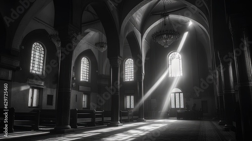 Black and white sunlit Cathedral. Generative AI