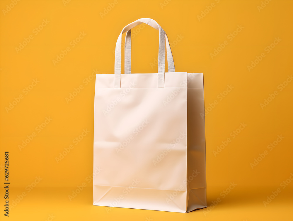 Mockup of empty white eco tote bag on yellow background. empty beige textile bag on yellow background. Ecology or environment protection concept Mockup of empty white eco tote bag on yellow background. empty beige textile bag on yellow background. Ecology or environment protection concept