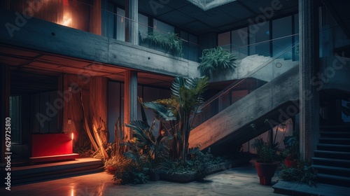 Wallpaper Mural Abandoned building inside with stairs overgrown with grass. Generative AI Torontodigital.ca