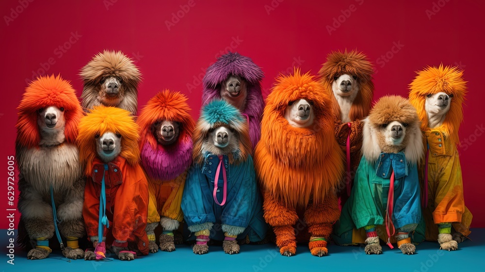 Fototapeta premium Alpacas wearing clothes. Group of alpacas. Generative AI